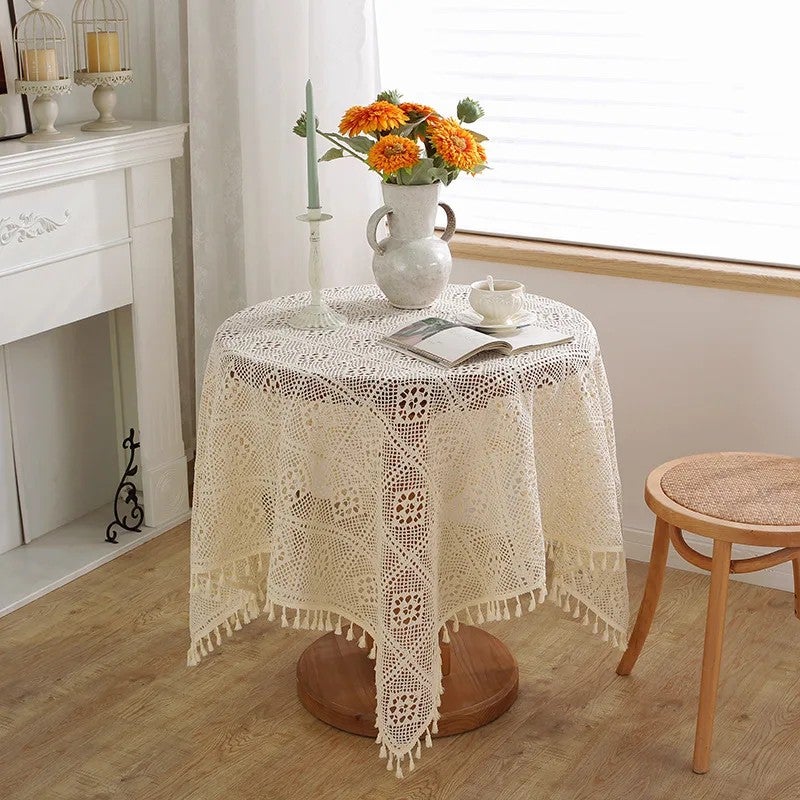 Bluejw American Pastoral Style Handmade Beige white Cotton Crochet Lace Tassel Hollowed Out Tablecloth home decoration table cover pad - Image 5